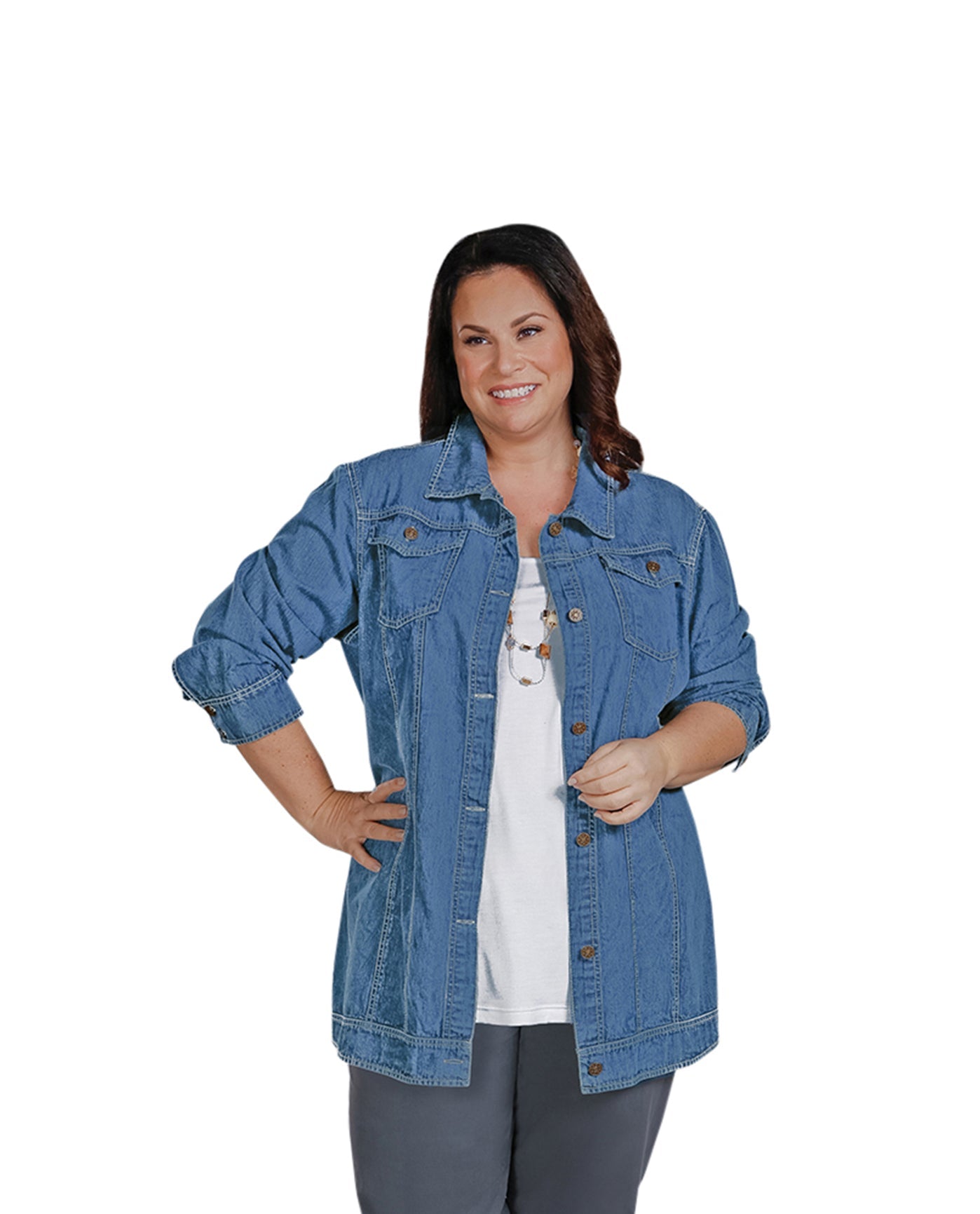 Front of Premium Long Sleeve Rydel Plus Size Denim Jacket | 033 OTPS Light Wash Denim