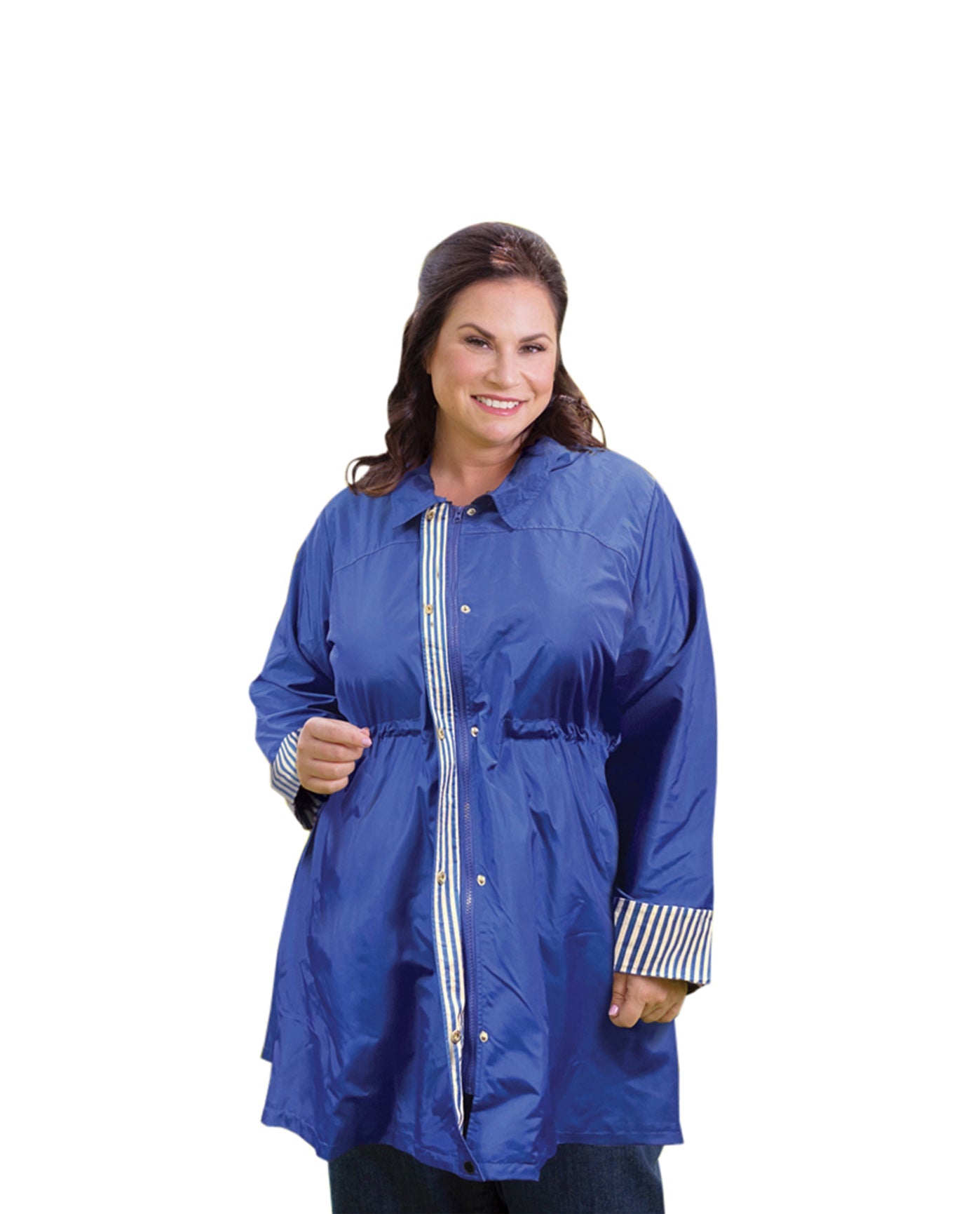 Front of Long Sleeve Adjustable Cinch Waist Plus Size Raincoat with Removable Hood | 029 OTPS Royal Blue