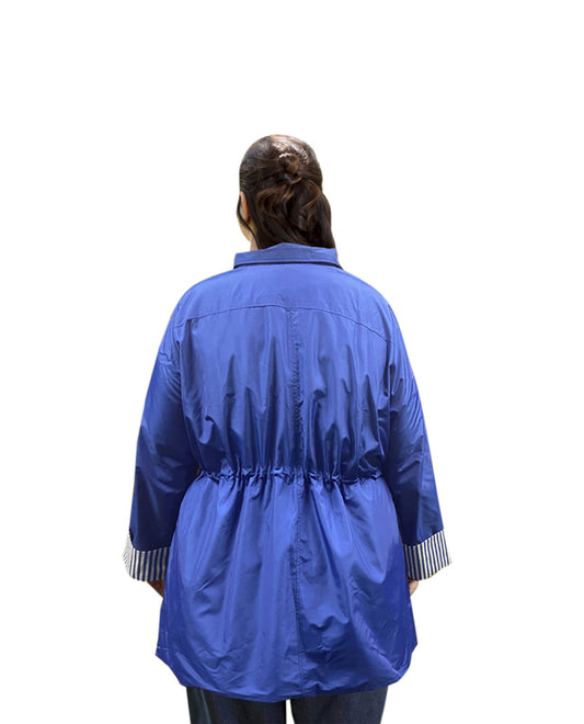 Back of Long Sleeve Adjustable Cinch Waist Plus Size Raincoat with Removable Hood | 029 OTPS Royal Blue