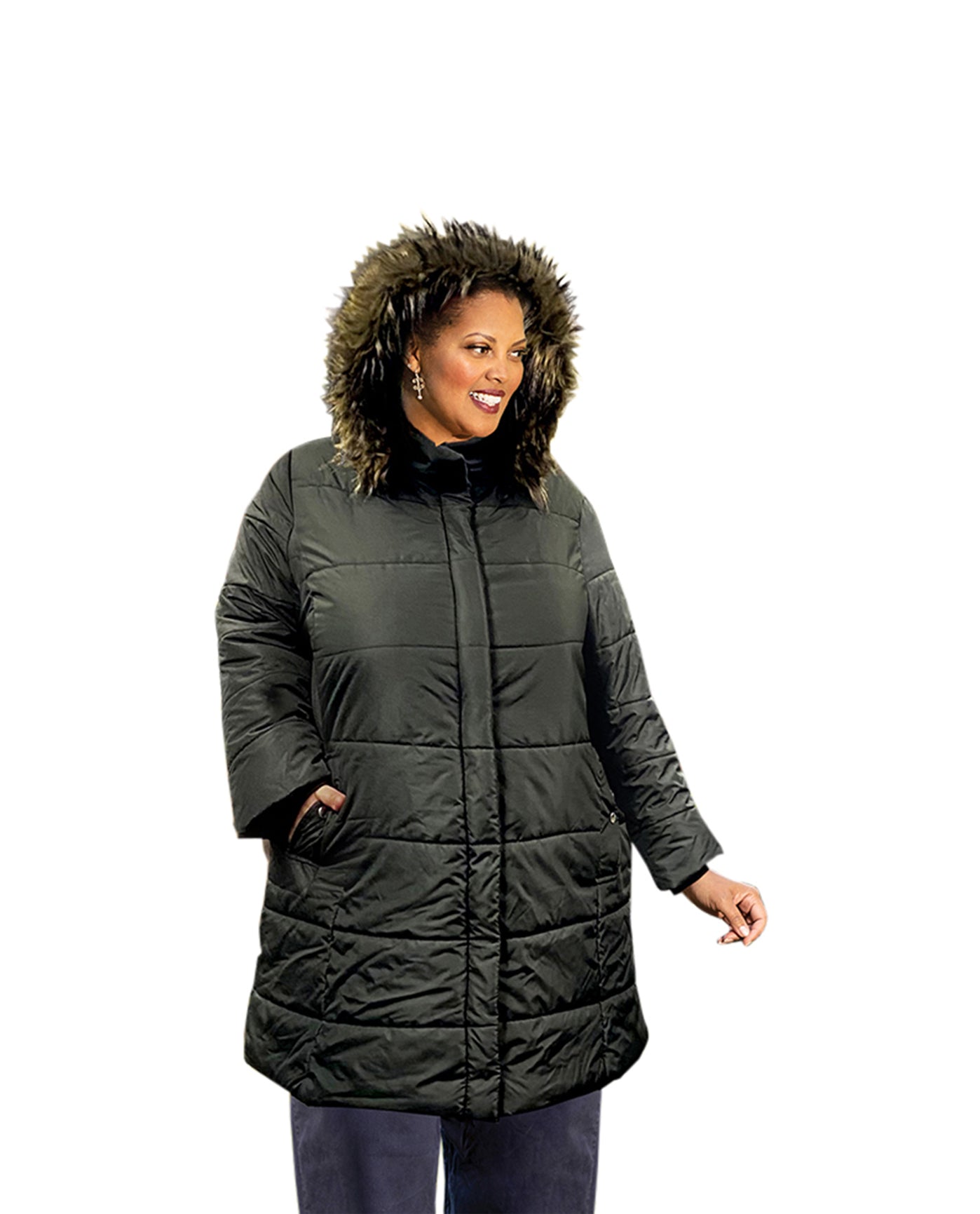 Front of Long Sleeve Winter Plus Size Puff Coat | 001 OTPS Black