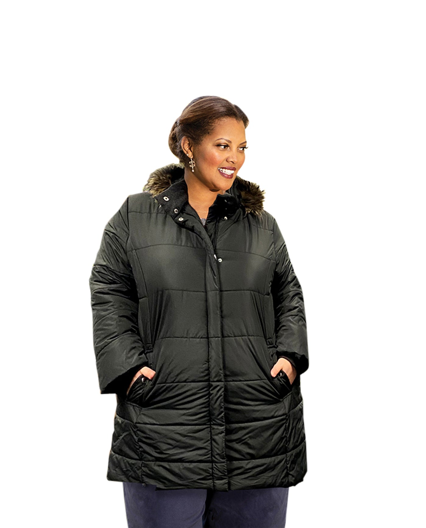 Hood Down view ofLong Sleeve Winter Plus Size Puff Coat | 001 OTPS Black