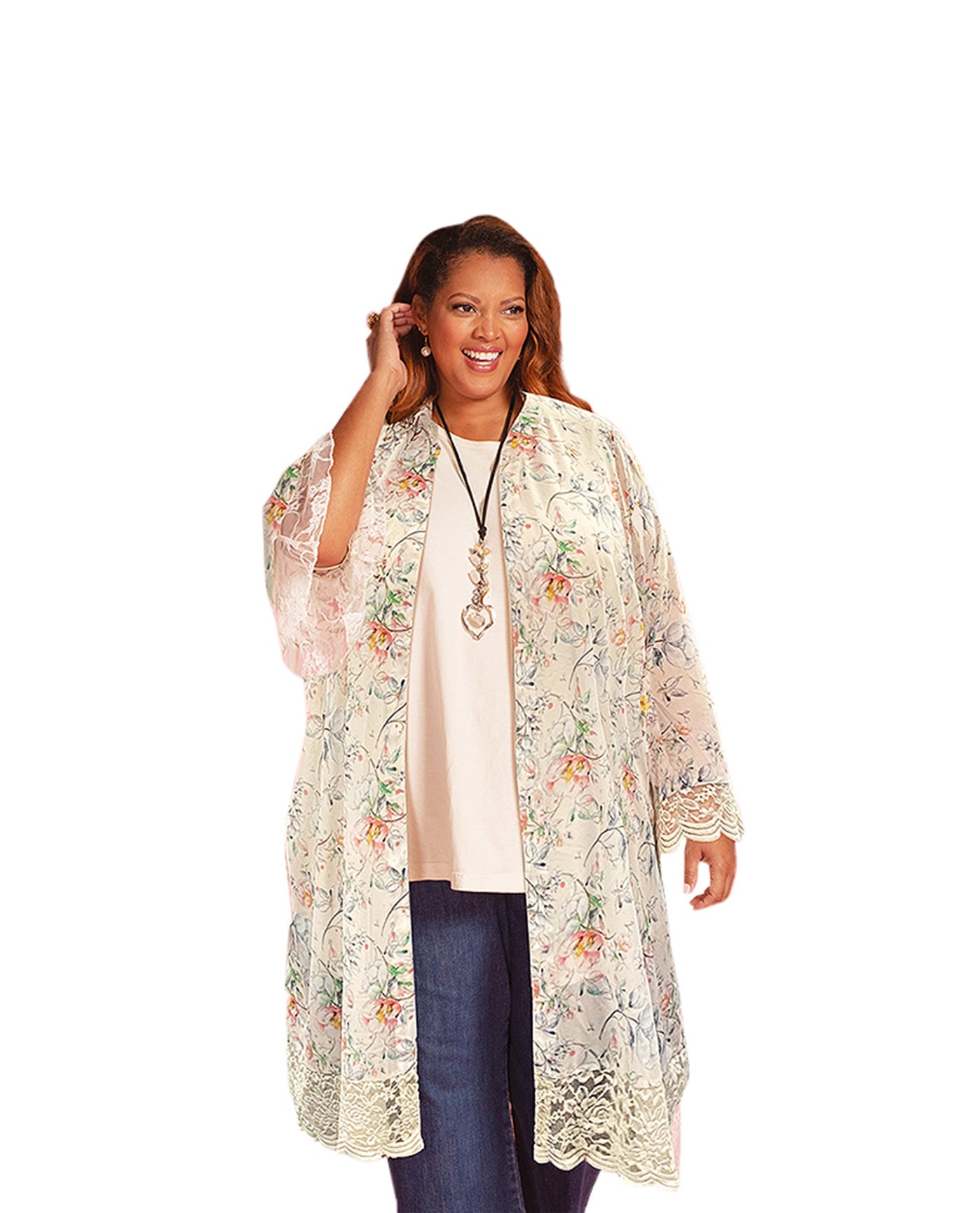 Front of Printed Long Sleeve Lace Chiffon Stevie Plus Size Duster | 221 OTPS Ivory Floral