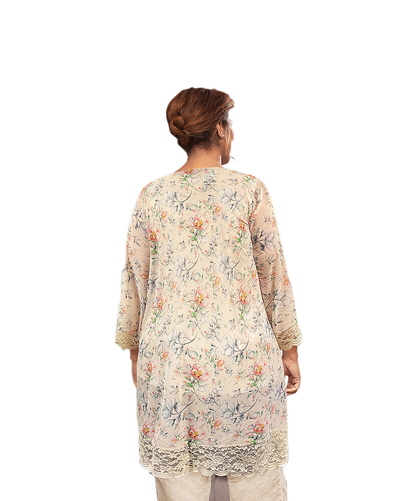 Back of Printed Long Sleeve Lace Chiffon Stevie Plus Size Duster | 221 OTPS Ivory Floral