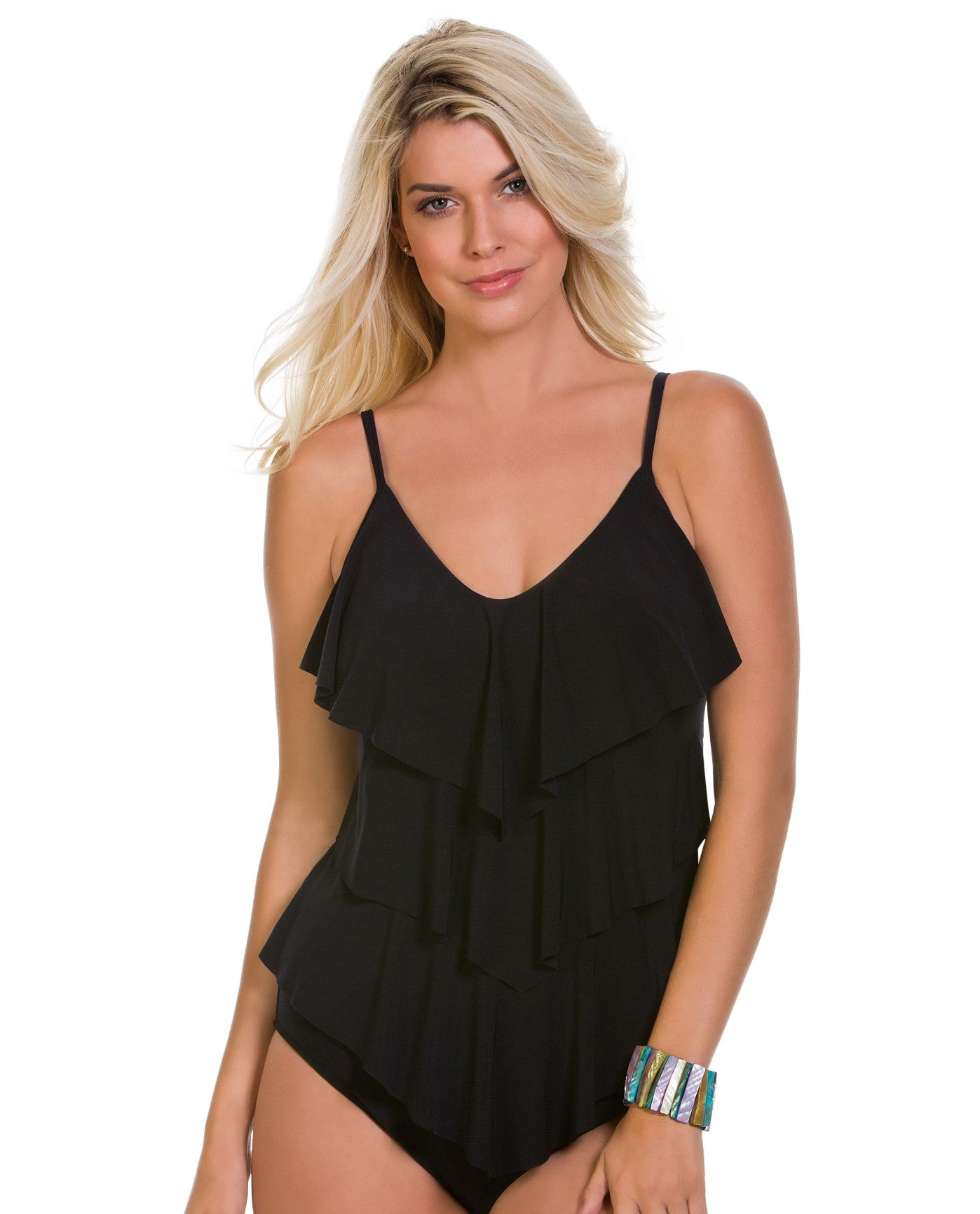 Front View of Magicsuit Black Rita Triple Tier Tankini Top | MAG BLACK