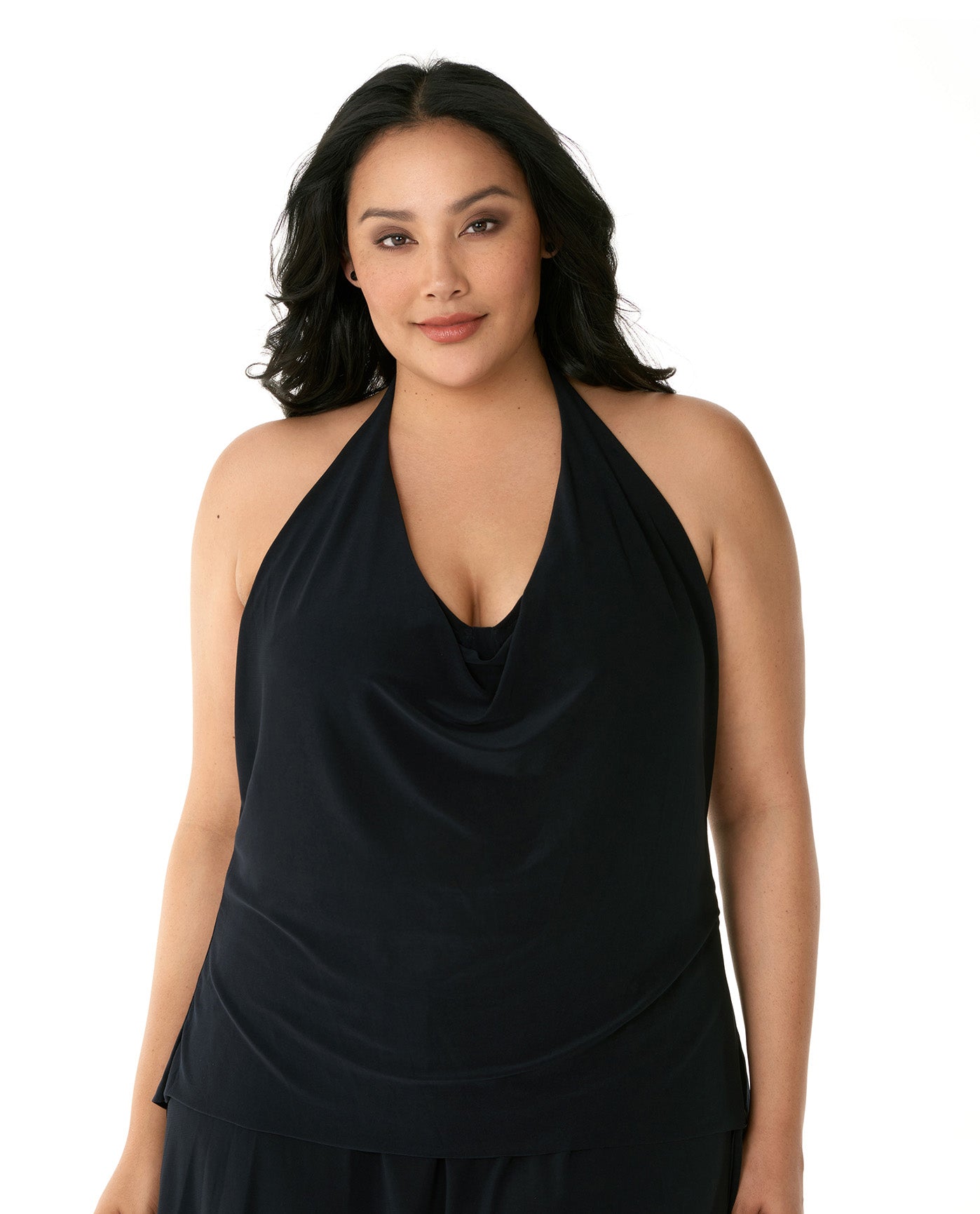 Front View Of Magicsuit Black Plus Size Sophie Halter Cowl Neck Underwire Tankini Top | MAG Black
