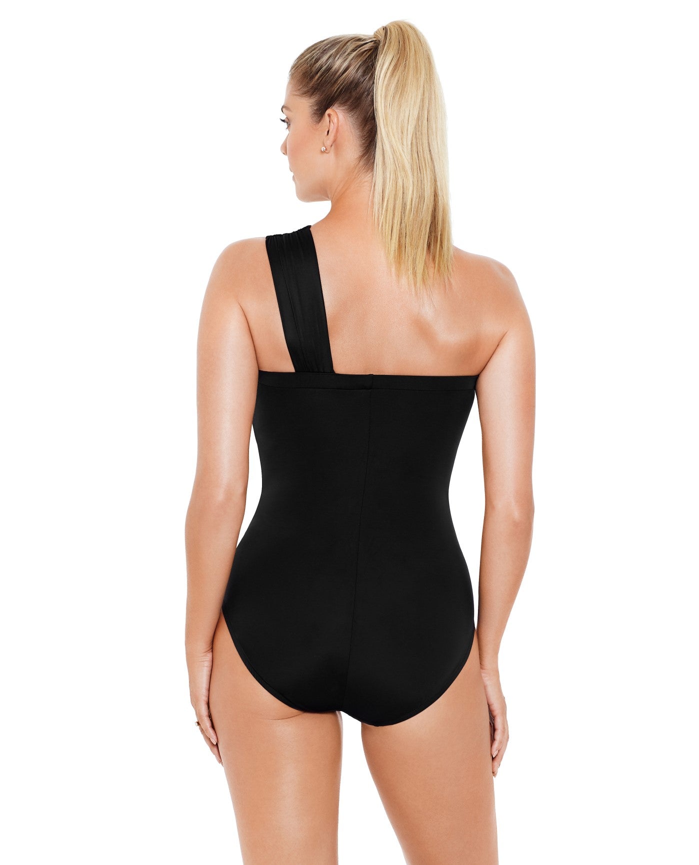 Back View of Magicsuit Black Goddess One Shoulder One Piece Swimsuit | MAG BLACK