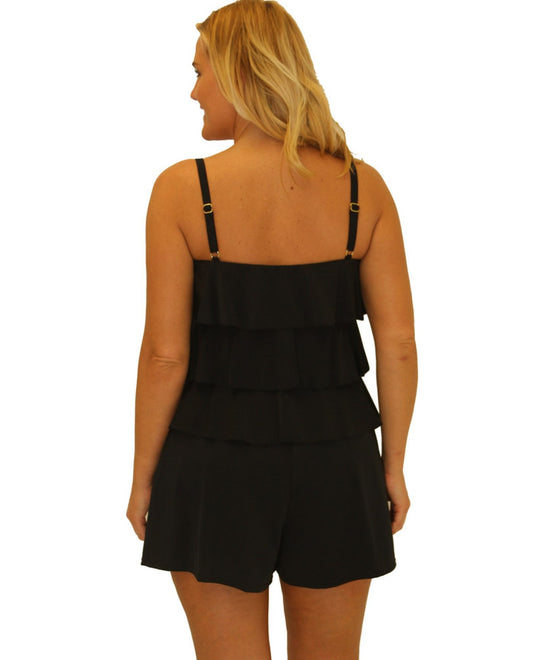 Back View of Fit 4U Swim Black Plus Size Triple Tiered Bandeau Romper One Piece Swimsuit |  FIT BLACK