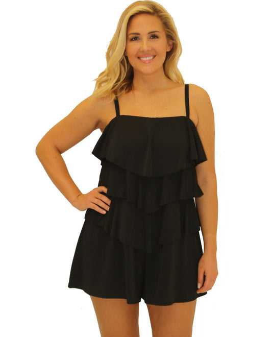 Front View of Fit 4U Swim Black Plus Size Triple Tiered Bandeau Romper One Piece Swimsuit |  FIT BLACK