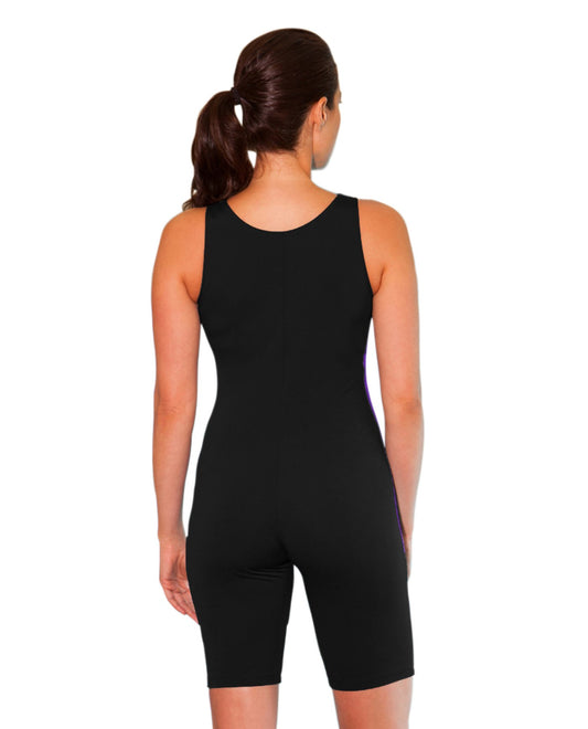 Back View of Dolfin Black And Purple Color Block Zip Front Chlorine Resistant Aquatard | DOL BLACK AND PURPLE