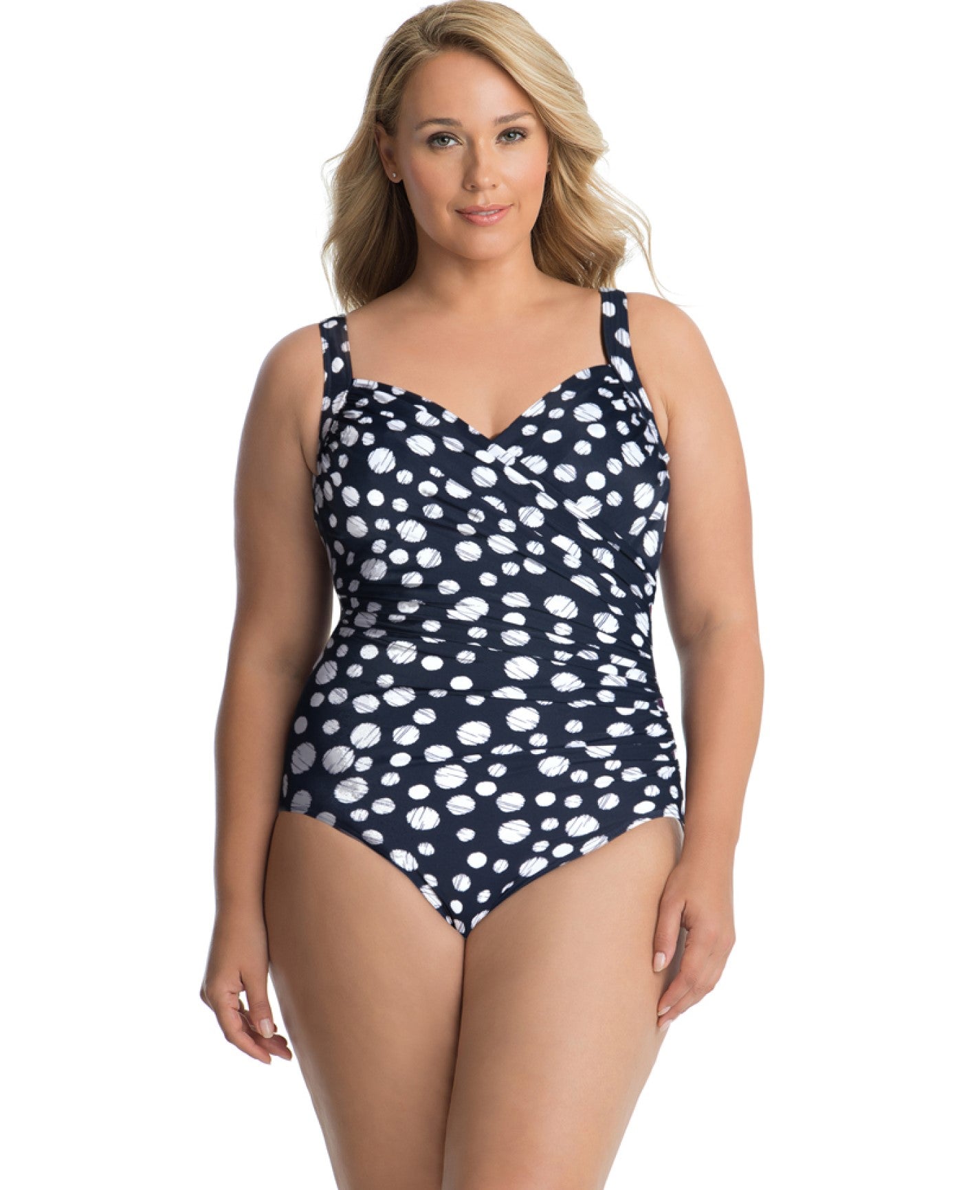 Front View of Miraclesuit Dot'S Hot Plus Size Sanibel Underwire Surplice One Piece Swimsuit | MIR DOT'S HOT