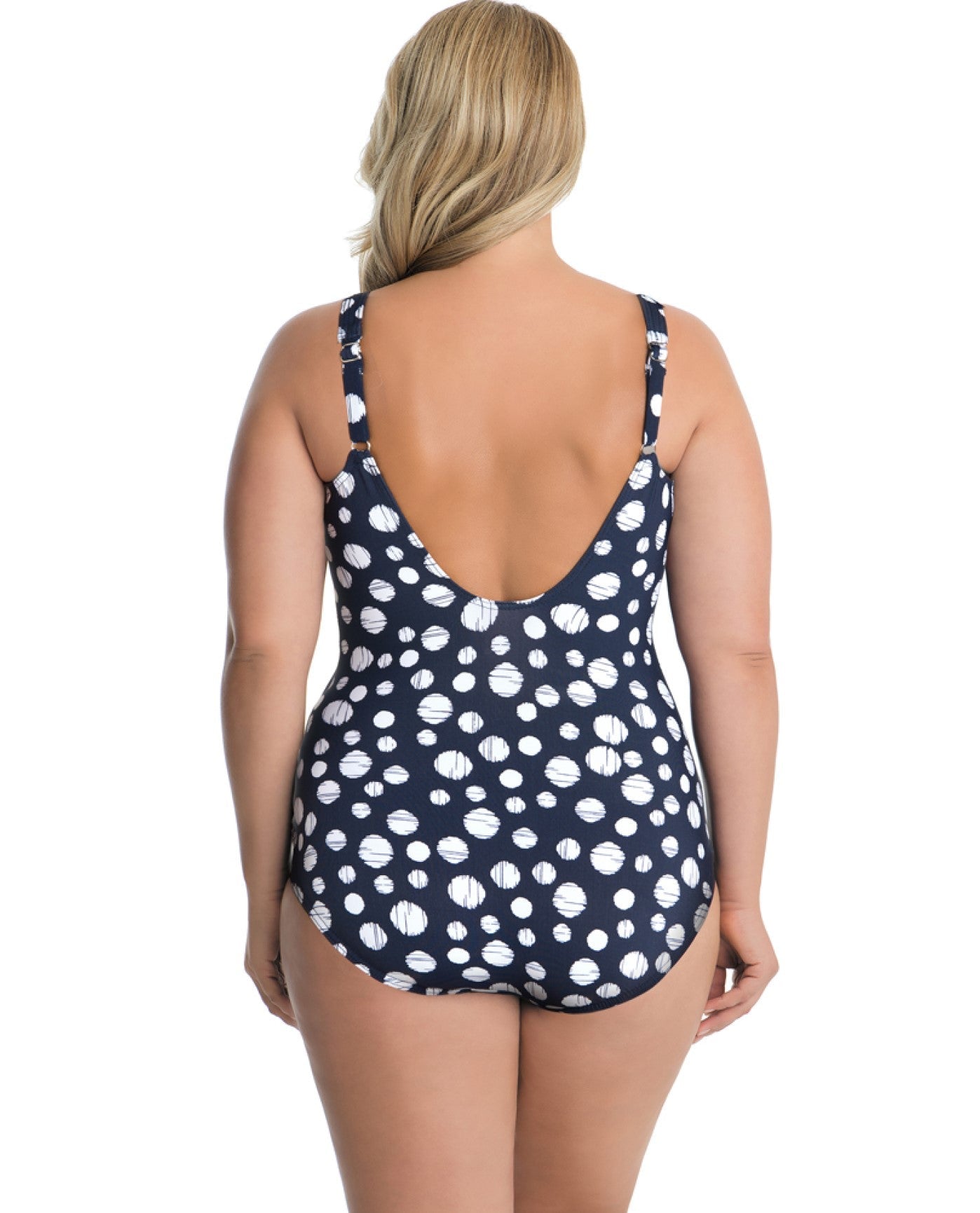 Back View of Miraclesuit Dot'S Hot Plus Size Sanibel Underwire Surplice One Piece Swimsuit | MIR DOT'S HOT