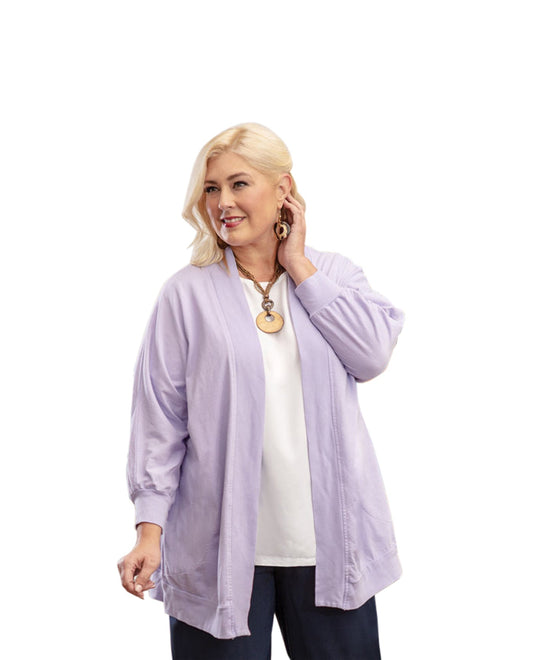 Front of Becky Solid Long Sleeve Cotton Knit Plus Size Jacket | TBREZ OTPS Tahitian Breeze