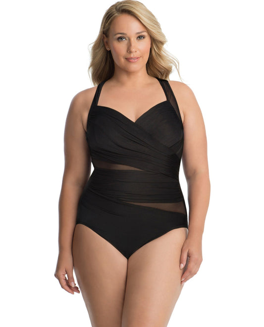 Front View of Miraclesuit Black Plus Size Net Work Madero Underwire One Piece Swimsuit | MIR BLACK