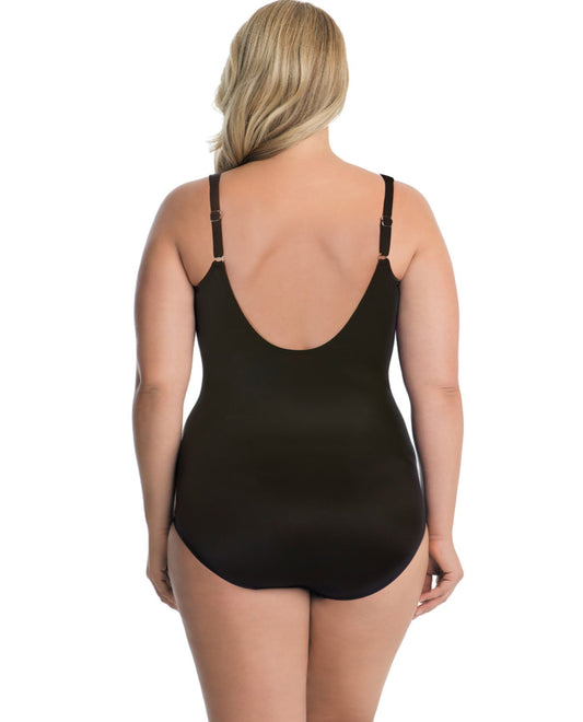 Back View of Miraclesuit Black Plus Size Net Work Madero Underwire One Piece Swimsuit | MIR BLACK