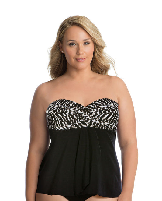 Front View of Miraclesuit Between The Pleats Plus Size Bandeau Cadiz Tankini Top | MIR BLACK AND WHITE