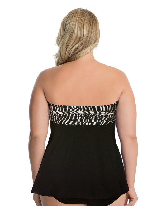 Back View of Miraclesuit Between The Pleats Plus Size Bandeau Cadiz Tankini Top | MIR BLACK AND WHITE