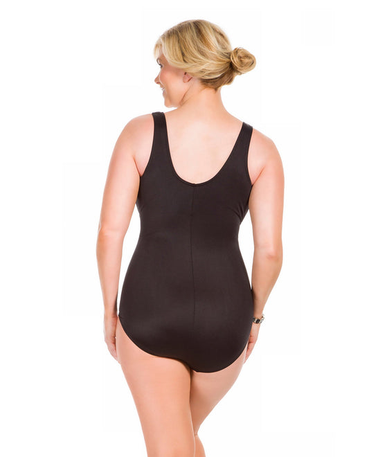 Back View of Miraclesuit Black Plus Size Oceanus Surplice One Piece Swimsuit | MIR BLACK