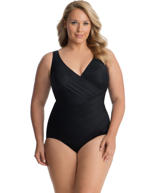 Front View of Miraclesuit Black Plus Size Oceanus Surplice One Piece Swimsuit | MIR BLACK
