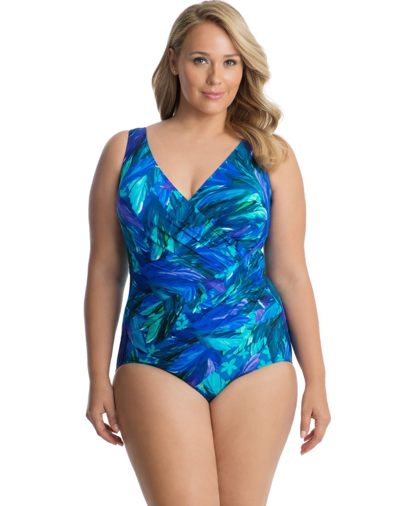 Front View of Miraclesuit Flamenco Blue Plus Size Oceanus Surplice One Piece Swimsuit | MIR FLAMENCO BLUE