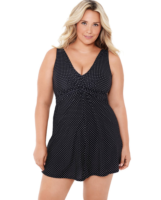 Front View of Miraclesuit Plus Size Pin Point  Marais Knot Front Swimdress | MIR BLACK