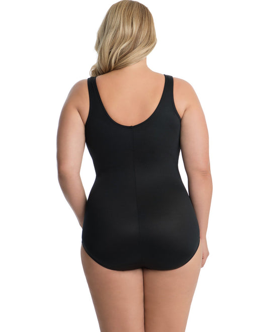 Back View of Miraclesuit Black Plus Size Oceanus Surplice One Piece Swimsuit | MIR BLACK
