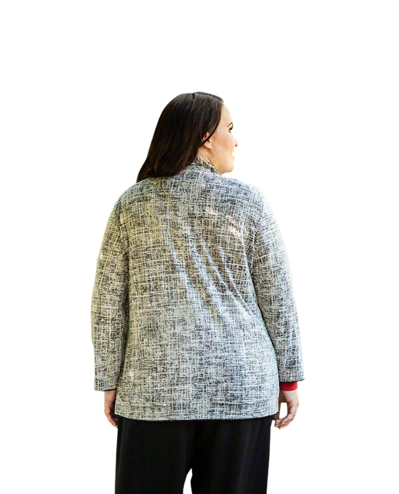 Back of Long Sleeve Tallin Plus Size Reversible Jacket | BKWT OTPS Black White