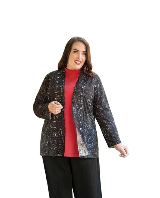 Reverse Front of Long Sleeve Tallin Plus Size Reversible Jacket | BKWT OTPS Black White