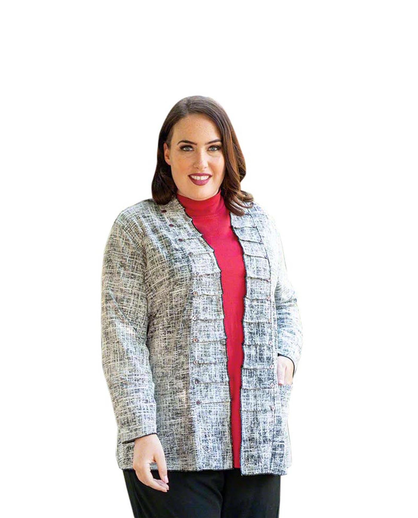 Front of Long Sleeve Tallin Plus Size Reversible Jacket | BKWT OTPS Black White