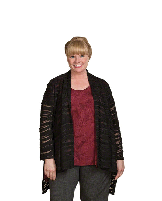 Front of Textured Bracelet Sleeve Shawl Collar  Plus Size Jacki Wave Jacket | BLACK OTPS Black