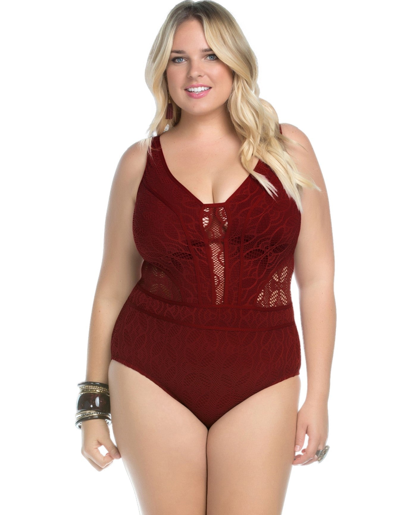 Front View of Becca By Rebecca Virtue Plus Size Henna Color Play Sheer Cut Out One Piece Swimsuit |  BED HENNA