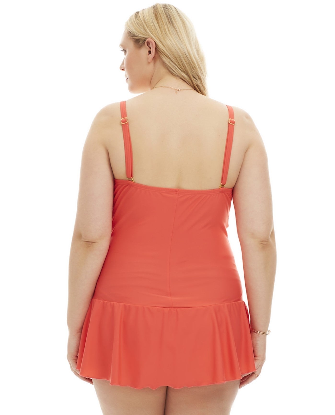 Back View of Always For Me Coral Plus Size Twist Front Bandeau One Piece Swimsuit | AFM CORAL