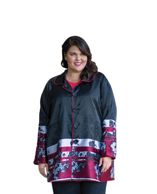 Front of Black Poppy Reversible Plus Size Raincoat | BLACK OTPS Black Poppy