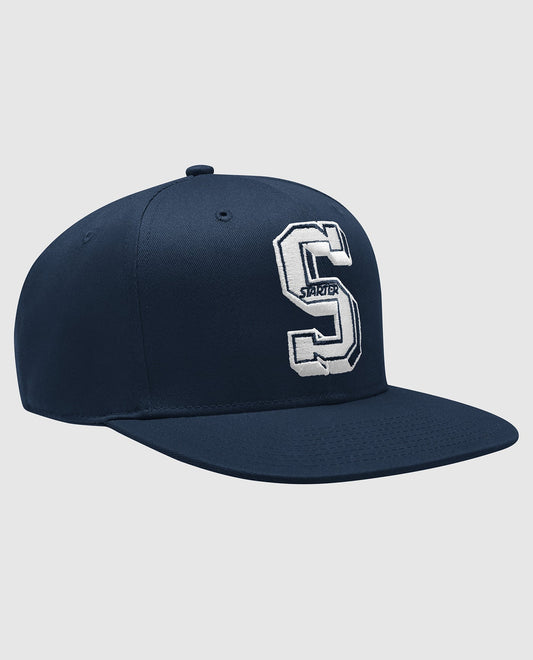 Front View of Starter Navy Horizon Flat Brim Snapback | STR NAVY