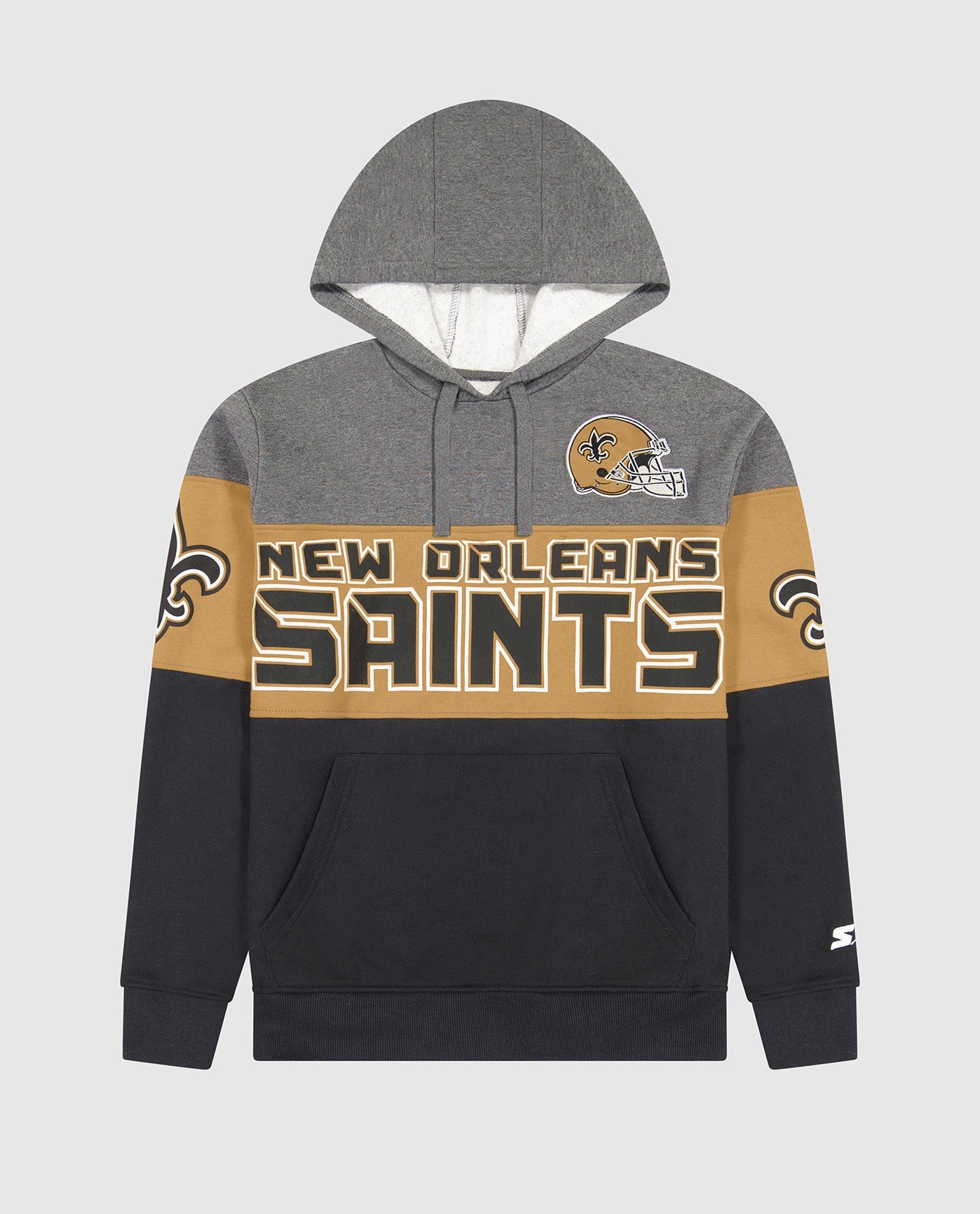 Front View of Starter Gold And Black New Orleans Saints Pullover Hoodie | STR NEW ORLEANS SAINTS GOLD AND BLACK