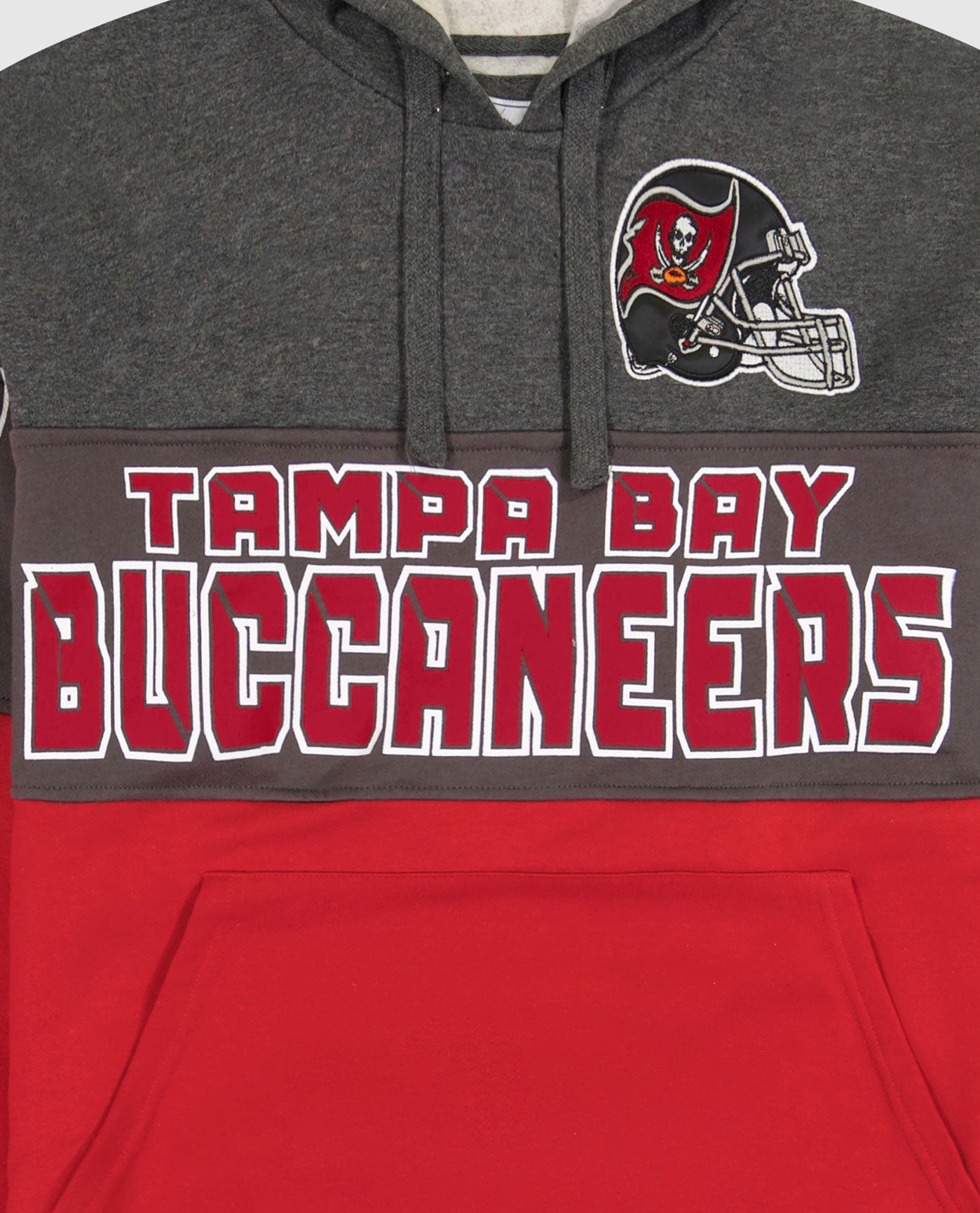 Side View of Starter Grey And Red Tampa Bay Buccaneers Pullover Hoodie | STR TAMPA BAY BUCCANEERS GREY AND RED