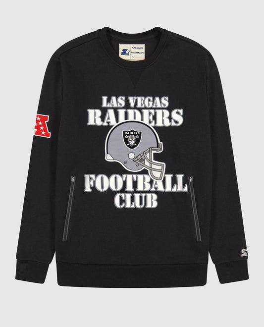 Front View of Starter Black Las Vegas Raiders Crew Neck Sweatshirt With Zip Pockets | STR LAS VEGAS RAIDERS BLACK