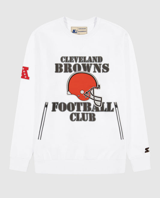 Front View of Starter White Cleveland Browns Crew Neck Sweatshirt With Zip Pockets | STR CLEVELAND BROWNS WHITE