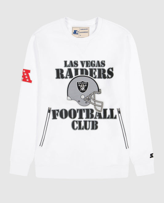 Front View of Starter White Las Vegas Raiders Crew Neck Sweatshirt With Zip Pockets | STR LAS VEGAS RAIDERS WHITE