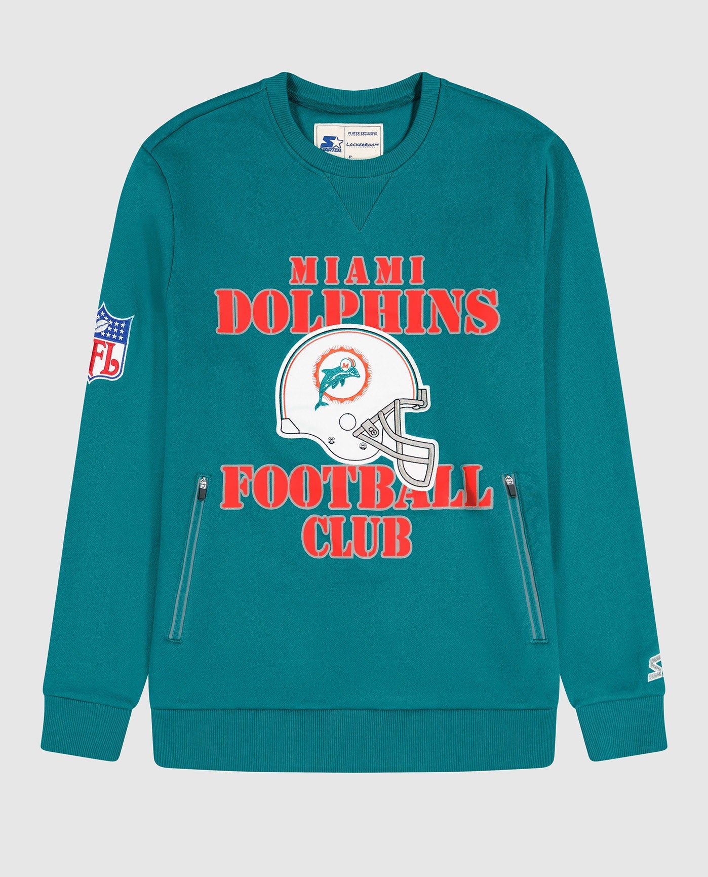 Front View of Starter Aqua Miami Dolphins Crew Neck Sweatshirt With Zip Pockets | STR MIAMI DOLPHINS AQUA