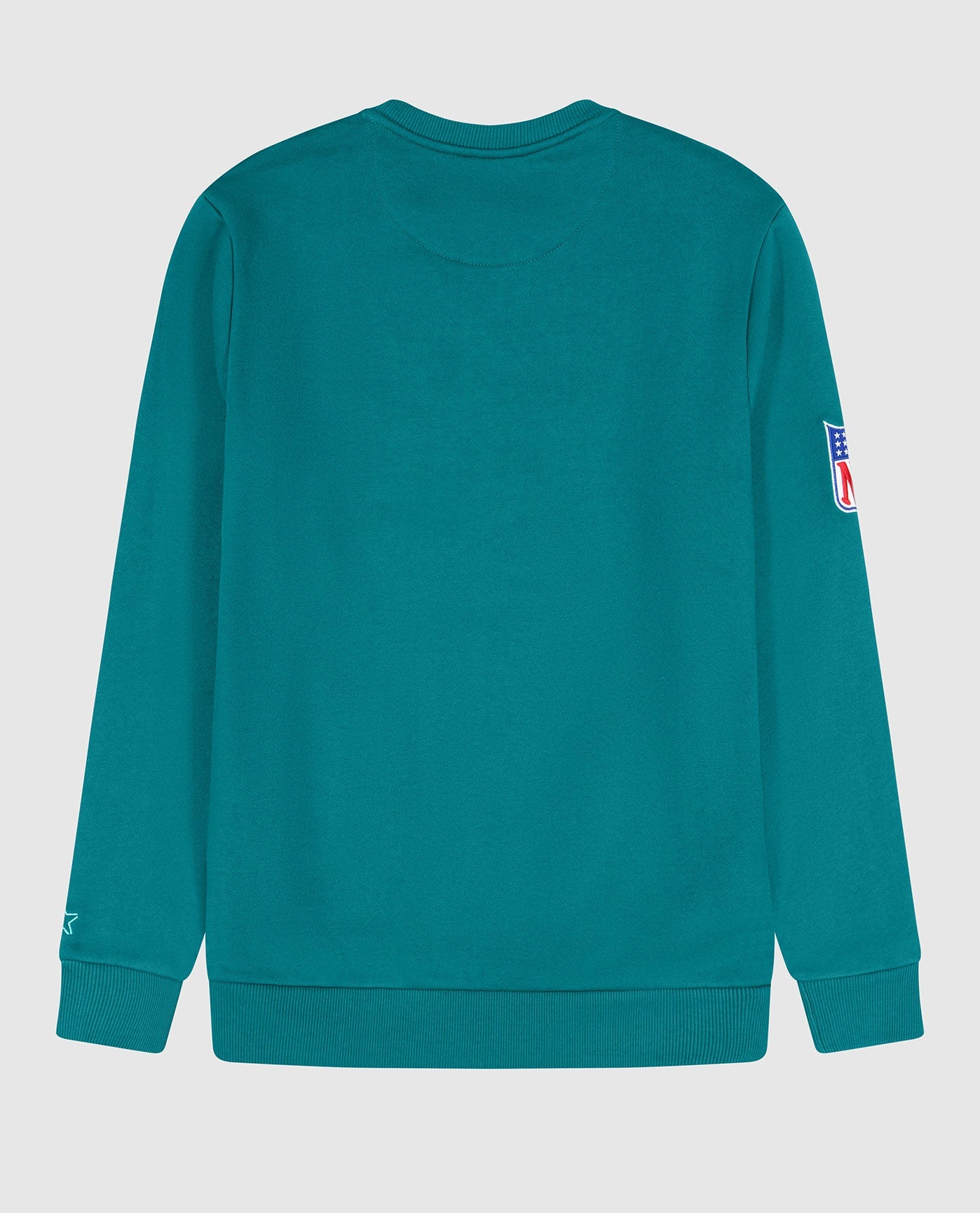 Back View of Starter Aqua Miami Dolphins Crew Neck Sweatshirt With Zip Pockets | STR MIAMI DOLPHINS AQUA