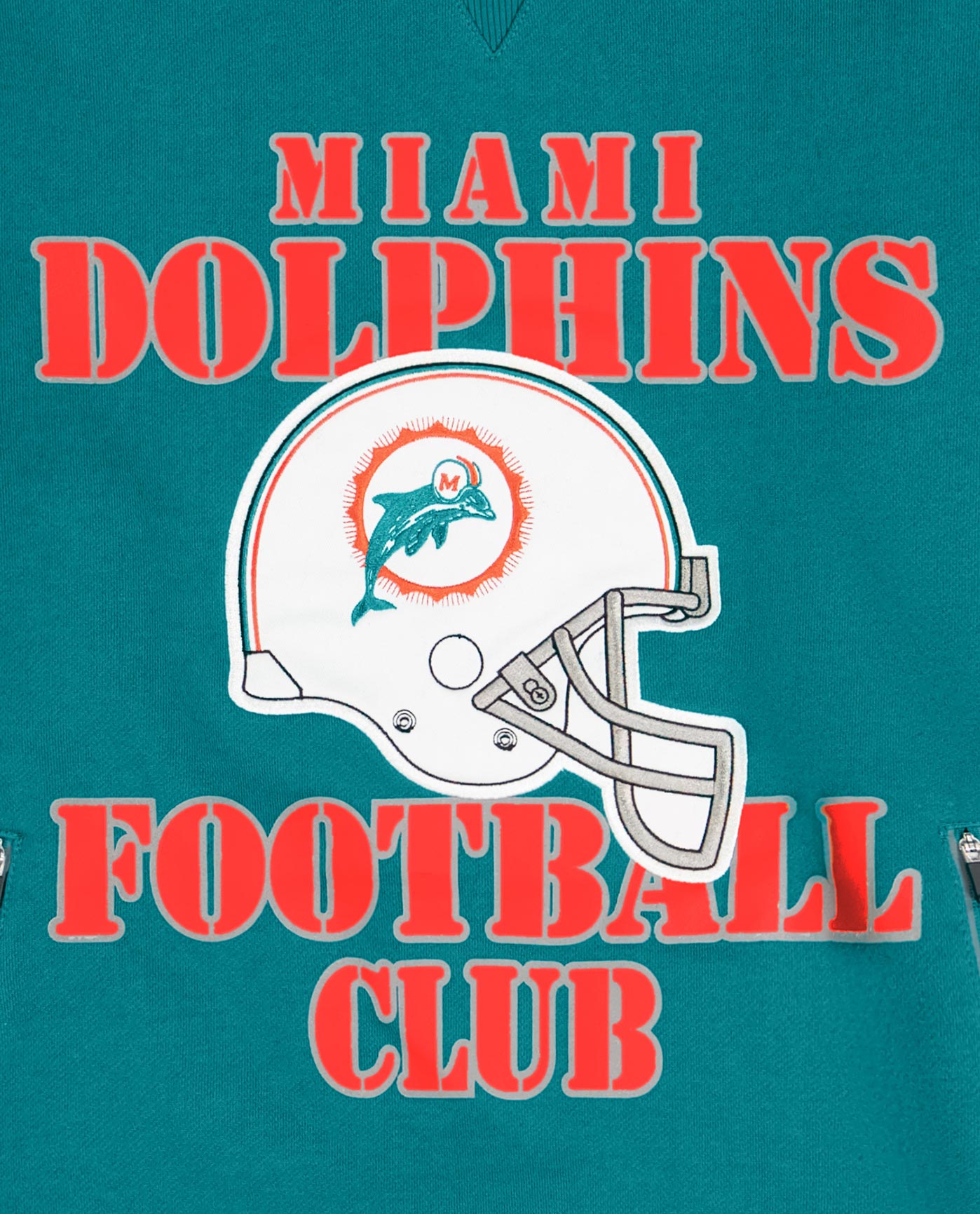 Side View of Starter Aqua Miami Dolphins Crew Neck Sweatshirt With Zip Pockets | STR MIAMI DOLPHINS AQUA