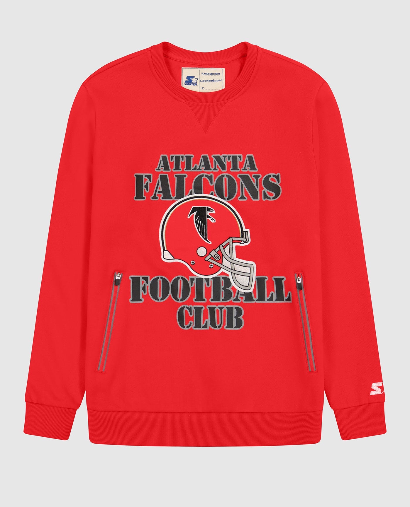 Front View of Starter Red Atlanta Falcons Crew Neck Sweatshirt With Zip Pockets | STR ATLANTA FALCONS RED