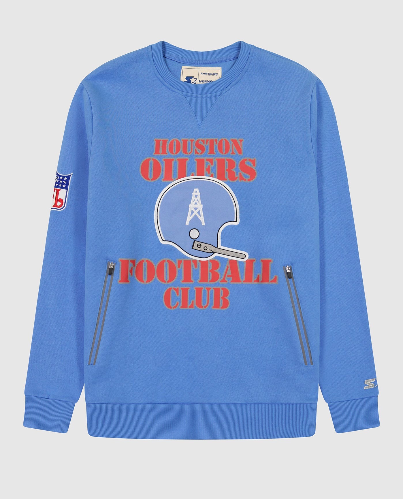 Front View of Starter Light Blue Houston Oilers Crew Neck Sweatshirt With Zip Pockets | STR HOUSTON OILERS LIGHT BLUE