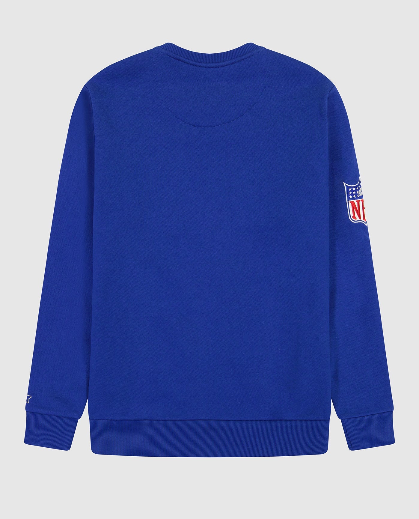 Back View of Starter Blue New England Patriots Crew Neck Sweatshirt With Zip Pockets | STR NEW ENGLAND PATRIOTS BLUE