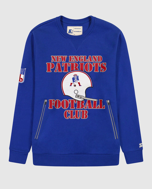 Front View of Starter Blue New England Patriots Crew Neck Sweatshirt With Zip Pockets | STR NEW ENGLAND PATRIOTS BLUE