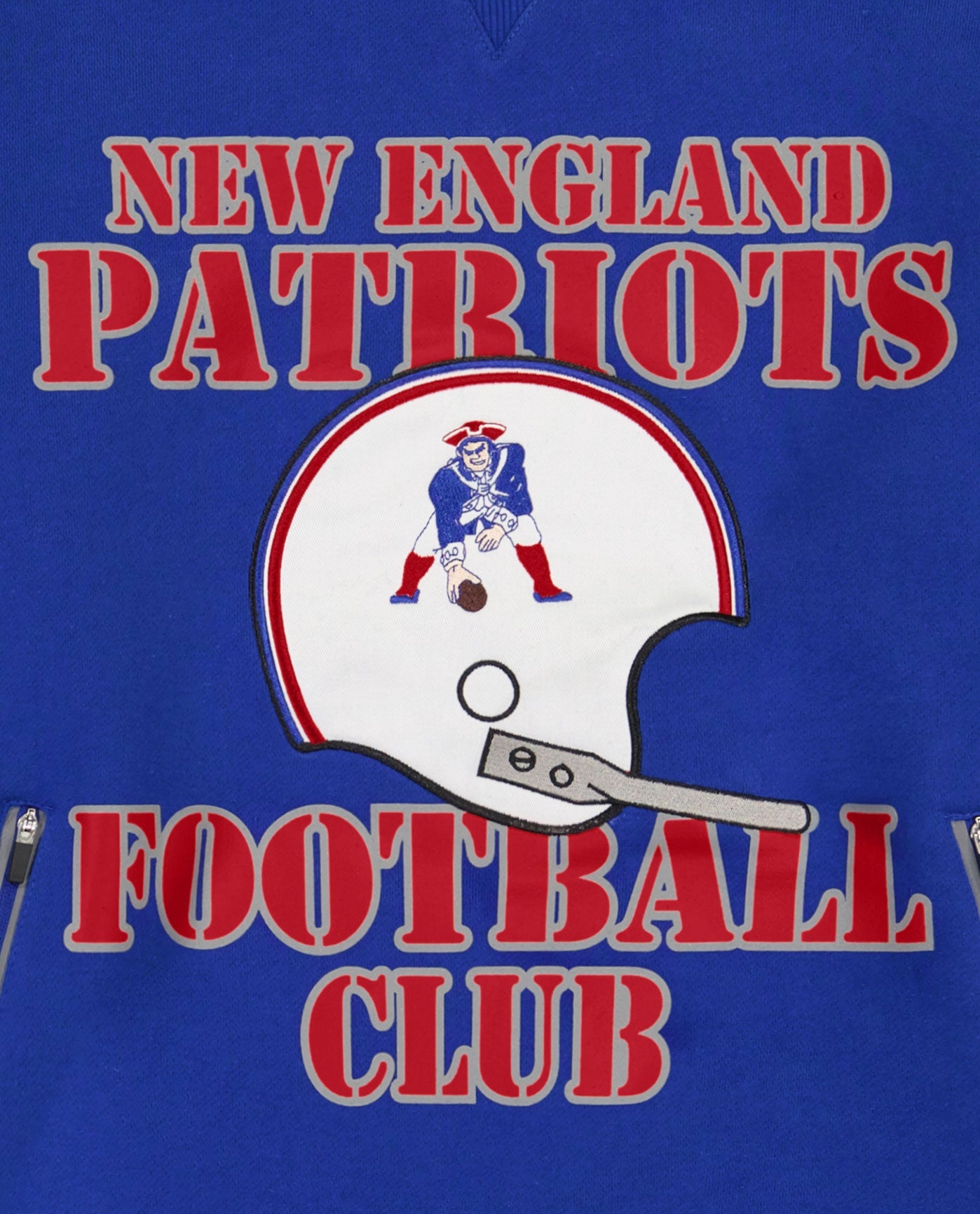 Side View of Starter Blue New England Patriots Crew Neck Sweatshirt With Zip Pockets | STR NEW ENGLAND PATRIOTS BLUE