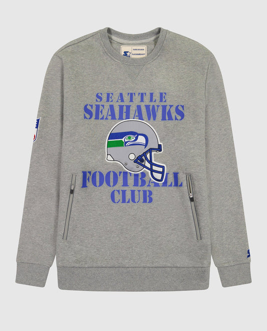 Front View of Starter Heather Grey Seattle Seahawks Crew Neck Sweatshirt With Zip Pockets | STR SEATTLE SEAHAWKS HEATHER GREY