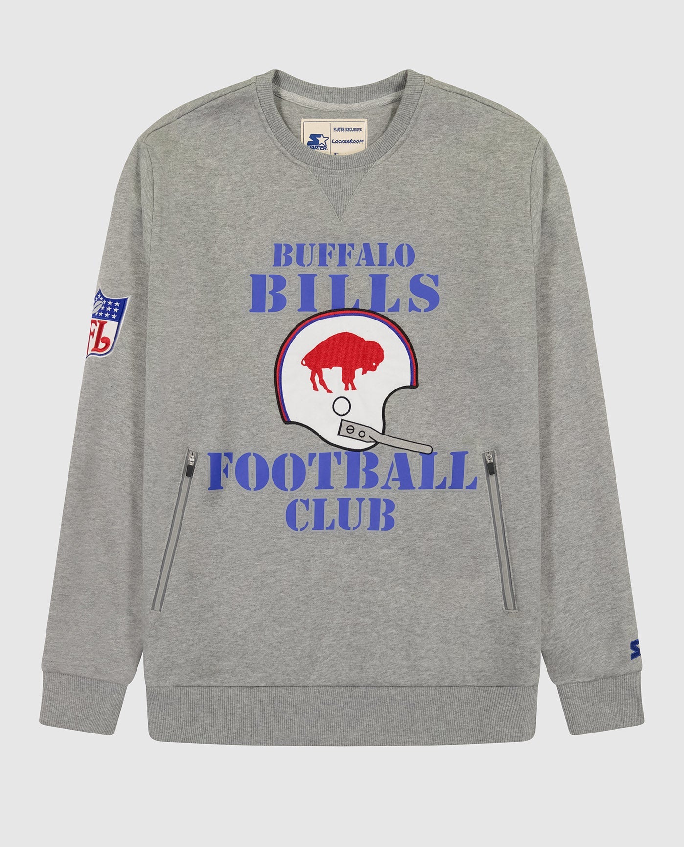 Front View of Starter Heather Grey Buffalo Bills Crew Neck Sweatshirt With Zip Pockets | STR BUFFALO BILLS HEATHER GREY