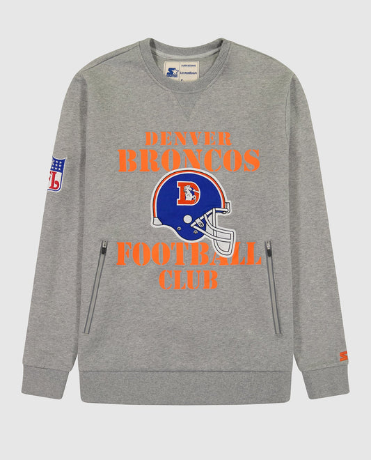 Front View of Starter Heather Grey Denver Broncos Crew Neck Sweatshirt With Zip Pockets | STR DENVER BRONCOS HEATHER GREY