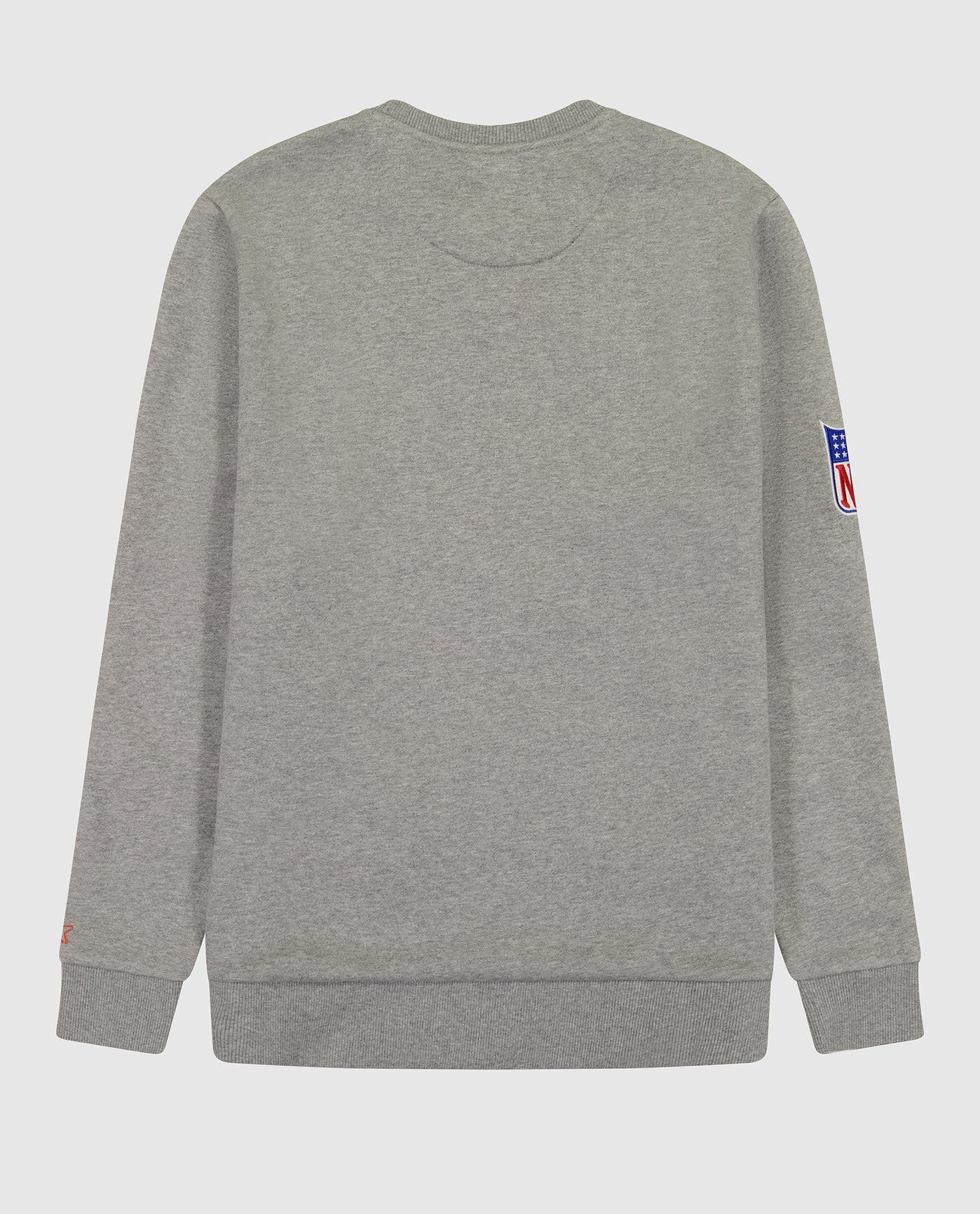 Back View of Starter Heather Grey Denver Broncos Crew Neck Sweatshirt With Zip Pockets | STR DENVER BRONCOS HEATHER GREY